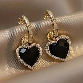 1 pora Kalnų krištolas Širdies lašas Auskarai Juodos širdies auskarai Simple Sense 925 sidabrinė adata Prabangūs smeigės auskarai moterims