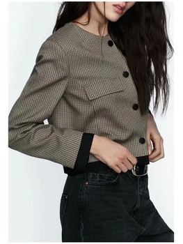 2024 Spring New O-Neck Long Sleeve Two Pockets Plaid Blazer Outwear Office Lady Casual Houndstooth Print Short Jackets