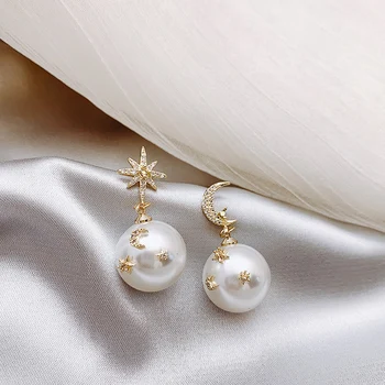 Asimetriški žvaigždžių mėnulio perlų lašai Auskarai moterims Korėjos mada Y2k elegantiški ilgi moteriški prabangūs papuošalai