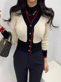 Aukštos kokybės korėjiečių prekės ženklo mados moteriški drabužiai megztinis elegantiška juostelė plona prabangi moteriška trumpa megzta megzta dėžutė visų rungtynių viršuje