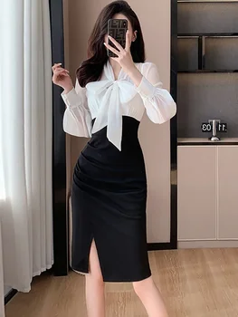 Black Patchwork White Bow Collar Office Lady Dress Autumn Winter Elegnat Bodycon Formal Dress 2023 Korean Vintage Evening Dress