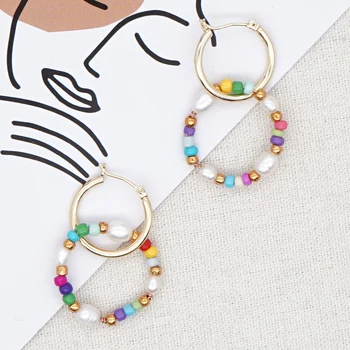 BohoBliss gėlavandenių perlų auskarai moterims Vasaros rankų darbo spalvingi karoliukai Papuošalai Nerūdijančio plieno apskritimo žiedai