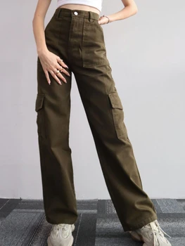Cargo Pants Women Cotton 2023 New In Autumn Korean Style Streetwear Y2K Casual Black All Match Straight Baggy Kelnės moterims