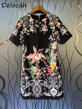 Delocah Aukštos kokybės vasaros moterų mados dizainerė Midi suknelė Puošnios krištolo vintažinio stiliaus gėlių margintos suknelės trumpomis rankovėmis