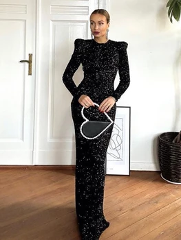 Fashion Shiny Black Sequin Maxi suknelė moterims Seksuali suknelė be nugaros ilgomis rankovėmis Moteriškos elegantiškos vakarėlio vakarinės suknelės