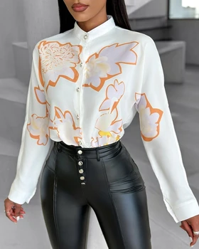 Fashion Woman Palaidinė 2024 Pavasario gėlių atspaudų stovas Apykaklė su sagomis Elegantiški marškiniai ilgomis rankovėmis Viršus Y2K Drabužiai