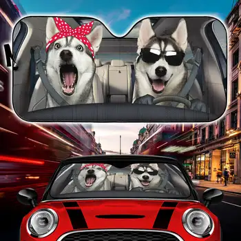 Funny Husky Couple Car Auto Sunshades Animal Dog Driver Car Front Shield Sunshade Automobilių priedai