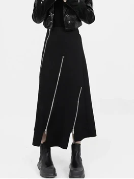Jmprs Y2K Moteriški sijonai su užtrauktuku Netaisyklingi sijonai aukštu juosmeniu Juodi midi sijonai Korėjietiški gatvės drabužiai Korėjietiška Juoda 90S sijonai Nauja