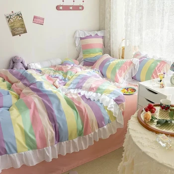 Kawaii vaivorykštės dryžuotos patalynės komplektas mergaitės širdies princesės stiliaus rauktas duver užvalkalas Išskalbta medvilninė plokščia lovos paklodė ir pagalvės užvalkalas