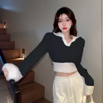Kontrastinė spalva V Kaklas Y2k Rudens žieminiai drabužiai Moteriški megztiniai Vintažiniai Pull Femme Korėjos mada Liekni seksualūs megztiniai