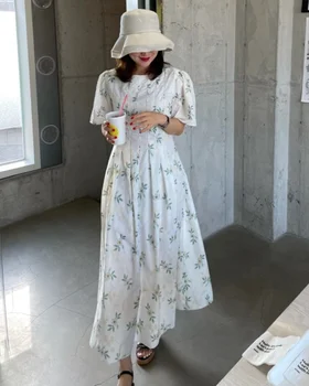 Korėjietiško stiliaus gėlėtos trumpomis rankovėmis paplūdimio ilga suknelė Vasarinė vintažinė pleduojanti paprasta Maxi suknelė Moteriški madingi drabužiai