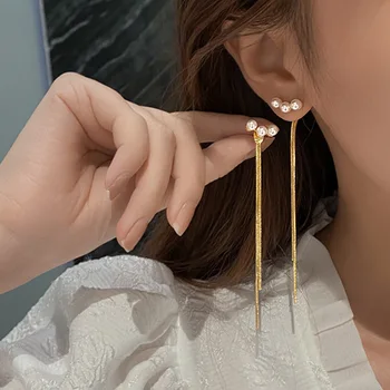Korėjietiškos naujos aukso spalvos ilgas perlų kutas Kabantys auskarai moterims Vestuviniai lašas Auskarai Mados papuošalai Dovanos