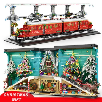 Kūrybinga Kalėdų traukinių stotis Kaimo knyga Statybiniai blokai Miestas Kalėdų eglutė Židinys Led Žibintai MOC kaladėlės Žaislai Kalėdų dovana