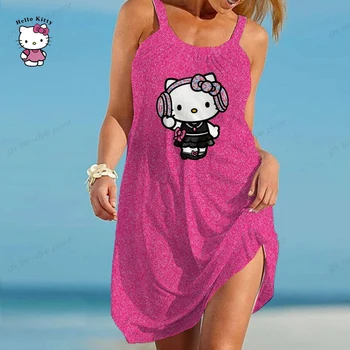 Moteriška vasarinė berankovė apvaliu kaklu Paprasti marškinėliai Suknelė Hello Kitty Spausdinimas Plisuotos sūpynės Laisvalaikio megztiniai Gatvės drabužiai