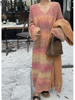 NYFS 2024 Pavasario rudens naujas megztinis Moteriškos suknelės Vestidos chalatas Elbise Laisvas plius dydis Mezgimas V apykaklė Ilga suknelė