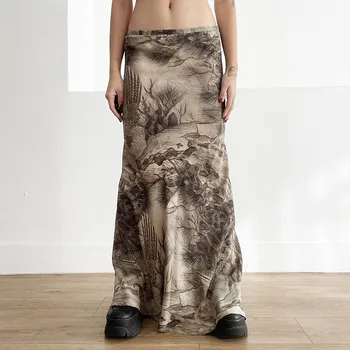 PASSIONNÉ Kiniškas margintas sijonas moterims Ilgi sijonai aukštu juosmeniu Moteriškas vintažinis stilius 2023 m. vasaros mada Nauja