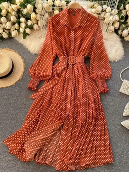 Pavasario rudens moterų vintažinė Maxi vakarėlio suknelė ilgomis rankovėmis oranžinė polka taškuota plisuota vakarinė juoda vestidos femme mados chalatas Naujas