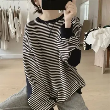 Pullovers Round Neck Woman Clothing Striped Baggy Women's Sweat Loose Novelty Y2K Style Sweat-shirt Aesthetic 2000s E M Top