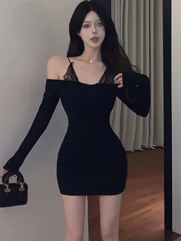 Rudens žiemos juodas margas nėrinių diržas Seksuali mini suknelė Moterys Korėjietiška vintažinė Hepburn suknelė 2023 Elegantiškos Bodycon Kawaii suknelės
