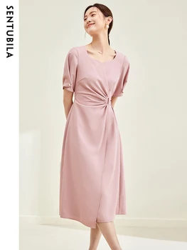 Sentubila Rožinė Ruched Midi suknelė moterims 2023 Vasara Elegantiška trumpomis rankovėmis Kvadratinė apykaklė Tvirtos švelnios A linijos suknelės M32L50410