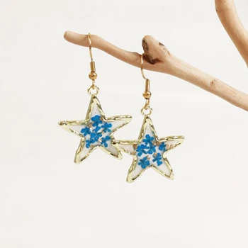 Spalvingi žvaigždžių auskarai su gėlėmis Unikalus rankų darbo tikras gėlių presuotas auskaras Žvaigždės ir mėnulio dizaino pareiškimas Papuošalai 2024 Nauja