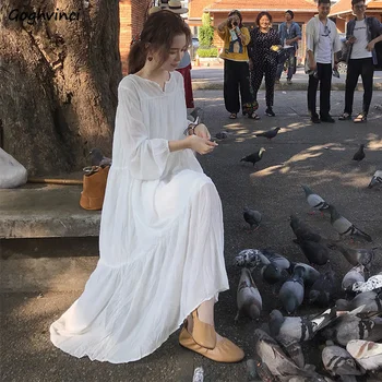 Suknelė Moteriška Riešo žibinto rankovė Balta Kieta aptraukta korėjietiška Stilius Laisvas kvėpuojantis Visiems derantis Paprastas Madingas Retro gatvės drabužis