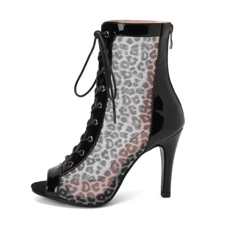 2023 Naujas pop leopardo atspaudas tinklelis nugara užtrauktukas šaunūs batai šokantys aukštakulniai atviri kojų stiletto šokių bateliai džiazo šokis