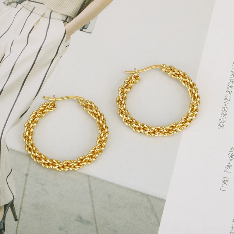 Hgflyxu aukso spalvos nerūdijančio plieno pynimo auskarai moterims Aukštos kokybės ausų papuošalų mada Nauja 30mm