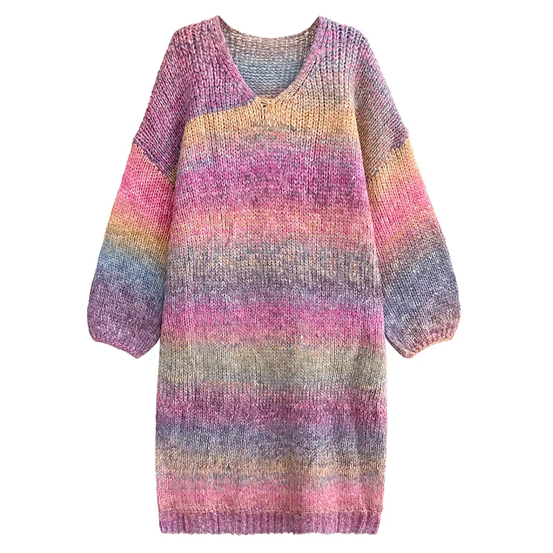 NYFS 2024 Pavasario rudens naujas megztinis Moteriškos suknelės Vestidos chalatas Elbise Laisvas plius dydis Mezgimas V apykaklė Ilga suknelė