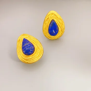 18KGF Mėlyni natūralaus akmens smeigės auskarai moterims Madingi geometriniai auskarai Bohemijos papuošalų dovanų didmeninė prekyba