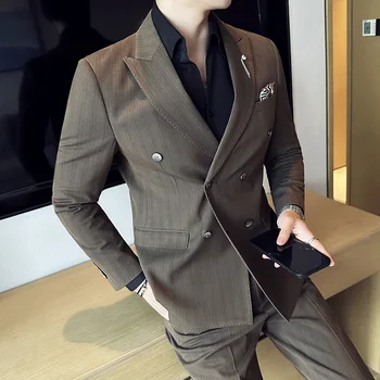 2023 Fashion New Men's Casual Boutique Double Breasted Solid Color Business Suit Jacket Kelnės Kelnės 2 vnt komplektas Blazers paltas