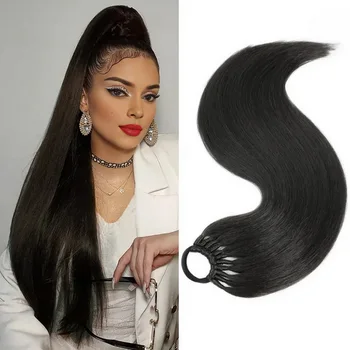 24inch Ilgi tiesūs ponytail plaukų priauginimas su gumine juosta Natūralūs blondinės juodi sintetiniai ponytail perukai moterims