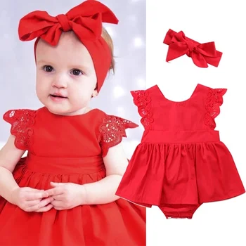 2Vnt Kalėdų mažylis Kūdikis Mergaitės Romper suknelė Kombinezonas Apranga TuTu Clothe+Galvos juosta Raudoni rinkiniai Dovana