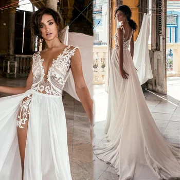 9980#Sexy A Line Boho vestuvinė suknelė su aukštu padalintu giliu V kaklu Iliuzija Nėrinių aplikacija Balta paplūdimio nuotakos suknelės Vestido De Noiva