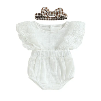 Baby Girl Dviejų dalių apranga Nėrinių raukinių apdaila Vasaros romperis ir Tampris galvos apdangalas Mieli drabužiai