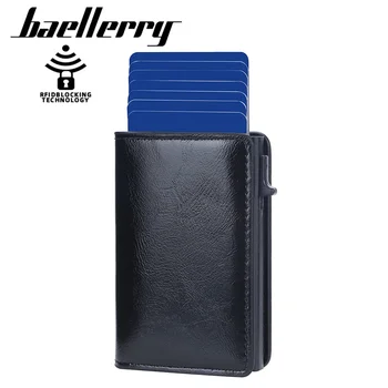 Baellerry2024 nauja tarpvalstybinė aliuminio dėžutės kortelė, skirta RFID antimagnetinei šoninei įstumiamai vaško odinei vyriškų kortelių laikyklei