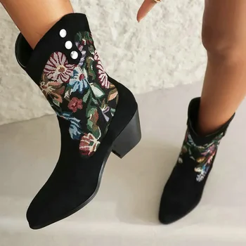 Bohemijos etninių damų batai Gėlių žakardo raštas Stambūs aukštakulniai Šlepetės Žieminiai batai Kulniukai Vakarų kaubojus Chelsea batai
