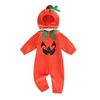 CHQCDarlys Toddler Baby Girl Boy Halloween moliūgų kostiumai Romper smėlinuko viršus ir Beanie Hat Set Vakarėlio moliūgų apranga