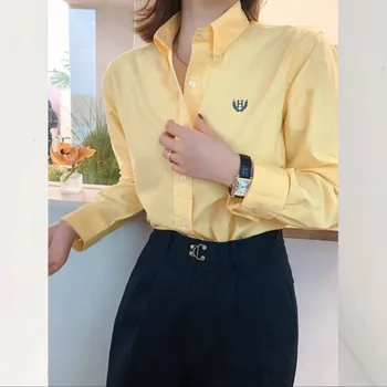 Deeptown Elegant and Youth Woman Palaidinės Basic Office Ladies siuvinėjimo marškiniai ilgomis rankovėmis Korėjietiška mada Casual Solid Chic Tops
