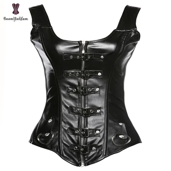 Dirželis Steampunk Rock Solid Black Faux Leather Buckle Up Corset Bustier Top Sexy Women With Zipper Plus Size