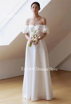 FANAN Korea Off the Shoulder Wedding Dresses A-Line 웨딩드레스 Ivory Short Sleeves Satin Custom Made Vintage Bride Gowns Plus Size