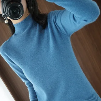 Fashion Women Sweaters Mock Neck Long Sleeve Warm Trikotažas Solid Slim Fit Pullover Basic Korean Knit Tops Bottoming Shirt Jumper