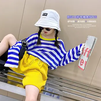 Girls Striped Ice Silk Casual Protection nuo saulės marškinėliai 2022 m. vasaros nauja korėjietiška 