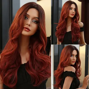 Ilgi vidurinės dalies perukai moterims Tamsios šaknys Raudona kūno banga Dienos perukai Natūralus vakarėlis Cosplay Sintetiniai plaukai Aukštos temperatūros pluoštas