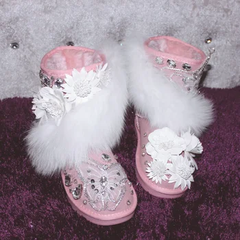 Individualūs žieminiai šilti batai su vilna Lapės plaukų batai Reino gręžimo gėlės drugeliu dekoruoti kailiniai vientisi batai moterų 35-44