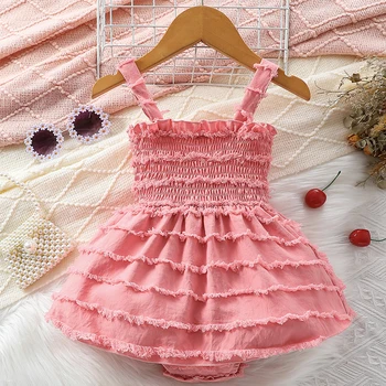 Infant Baby Girl Vasariniai drabužiai Vienspalviai raukiniai Ruched Berankovės Tutu Romper suknelės smėlinukų komplektas