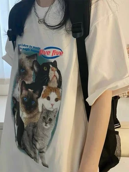 Laisvalaikio marškinėliai Moterys Katės Atspausdinti Lady Top Vasaros marškinėliai trumpomis rankovėmis Harajuku Streetwear Moteriški laisvi marškinėliai XXL