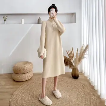 Midi megztinio suknelė moterims su užtrauktuku Ruduo ir žiema 2022 Naujo stiliaus saldus korėjietiškas vėžlys Laisva megzta suknelė Megztas megztukas T777