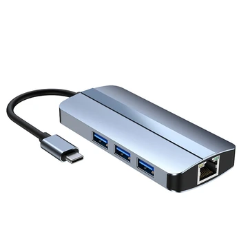 NEW-6-IN-1 USB C šakotuvo prijungimo stotis C tipo USB šakotuvas USB3.0 RJ45 1000Mbps SD TF kortelių skaitytuvas PD 100W įkroviklis suderinamas