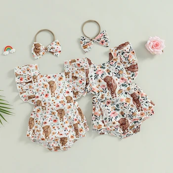 New Girls Romper Head Band Suit Summer Fly Sleeve Square Neck Bull Print Romper Bow Headwear 0-24 Months Hot Sale